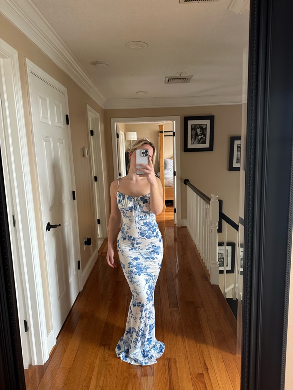SHEIN White Maxi Dress with Blue Floral Print